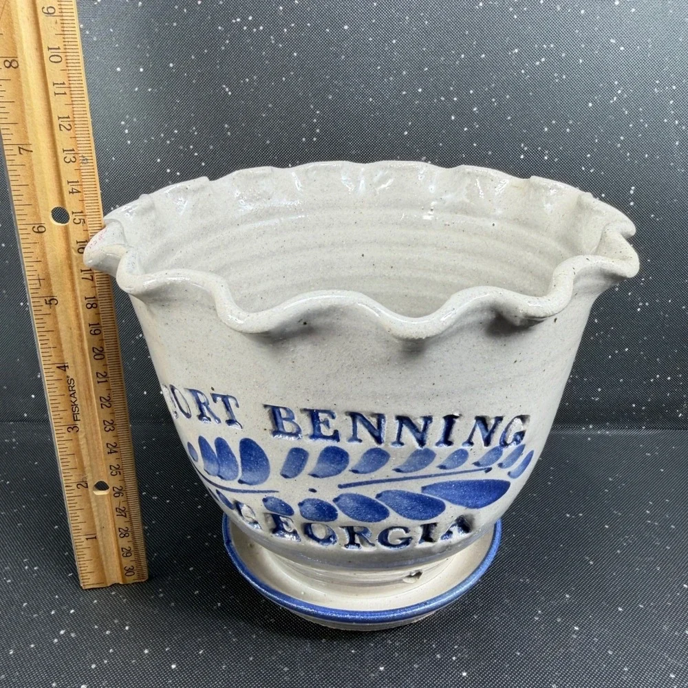 Westerwald Stoneware Fort Benning Georgia Planter Ruffled Rim Cobalt Blue Signed